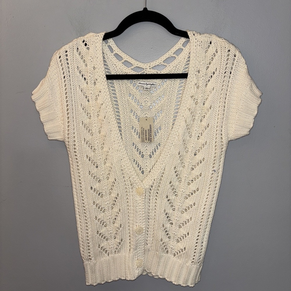 American Eagle Boho Knit Cardigan Ivory Short‎ Sleeve Preppy Y2K School  Small